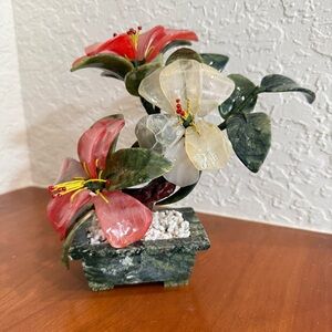Vintage Jade and Rose Flower Bonsai Tree in Jade Stone Pot